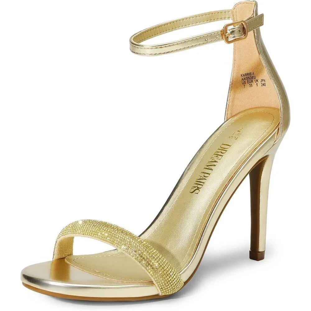 Women's Gold-Rhinestone Flower Ankle Strap Stiletto Round Open Toe Stylish Heel